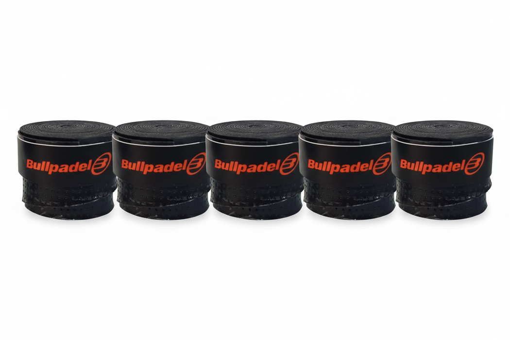 Five black Bullpadel grip tape stacks side by side