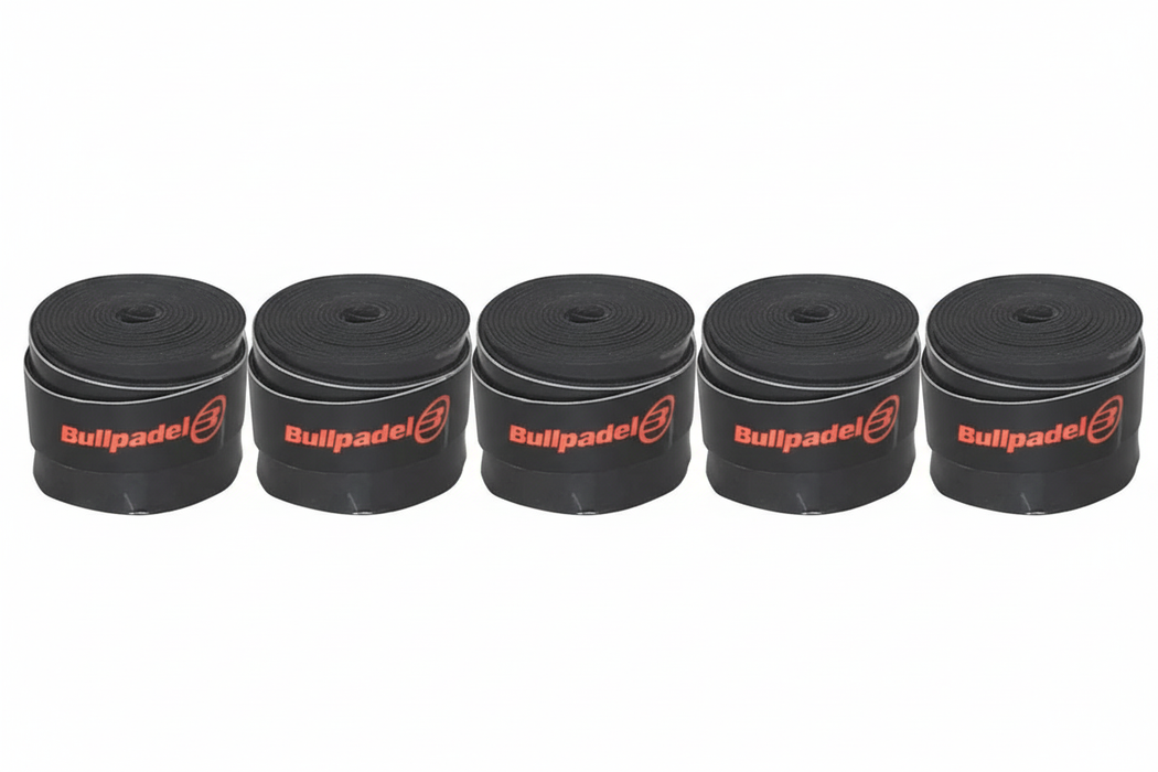Five black Bullpadel grip tape stacks side by side