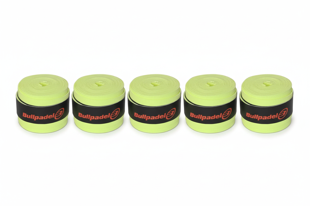 Five lime green Bullpadel grip tapes side by side