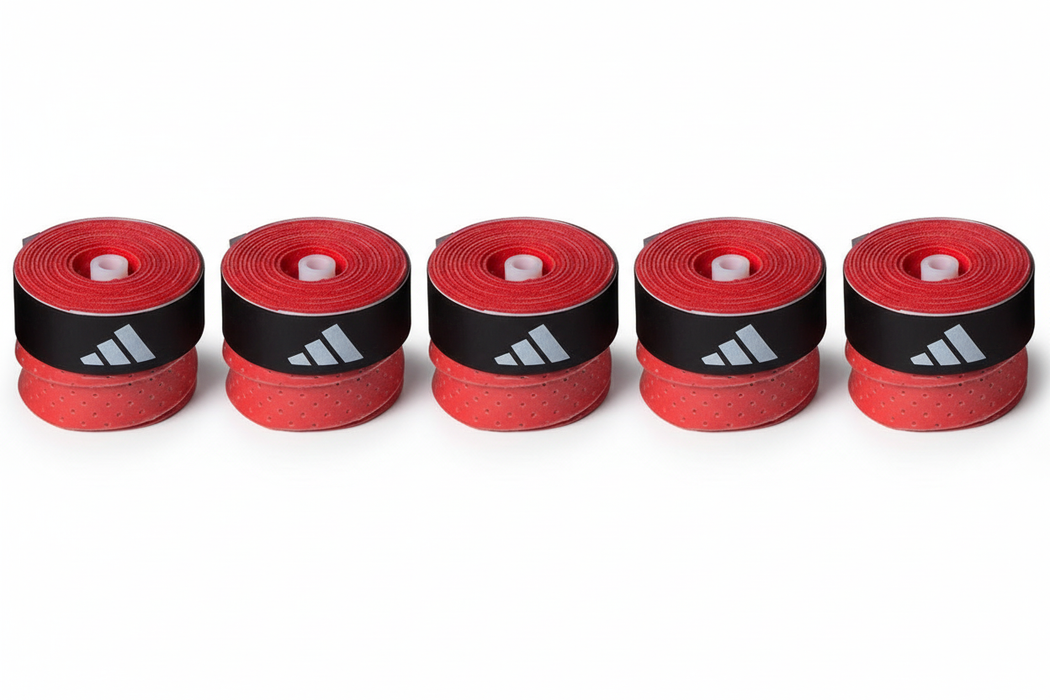Five red Adidas grip tape stacks in a row