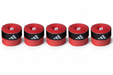 Five red Adidas grip tape stacks in a row