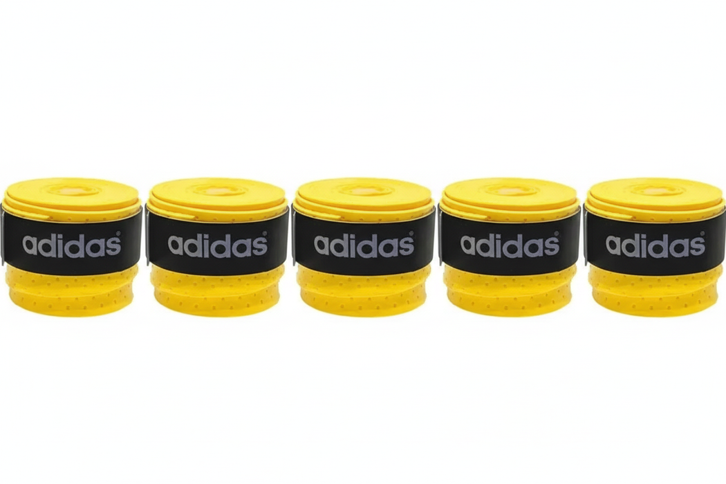 Five yellow Adidas grip tapes side by side