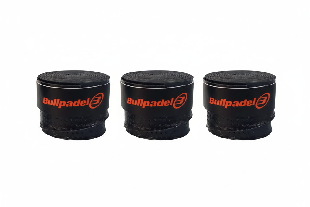 Three black Bullpadel grip tape stacks side by side