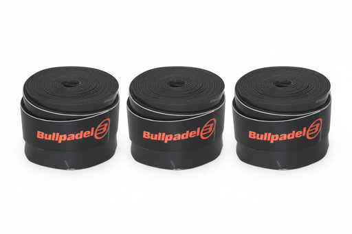 Three black Bullpadel grip tape stacks side by side