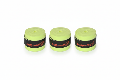 Three lime green Bullpadel grip tapes side by side