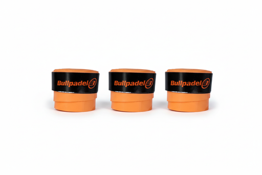 Three orange Bullpadel grip tapes side by side