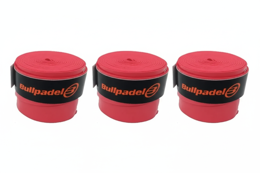 Three red Bullpadel grip tapes side by side