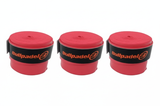 Three red Bullpadel grip tapes side by side