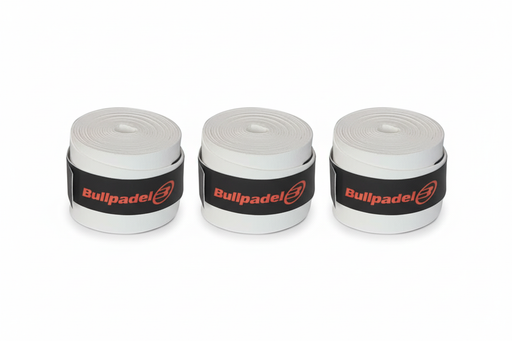 Three white Bullpadel grip tapes side by side